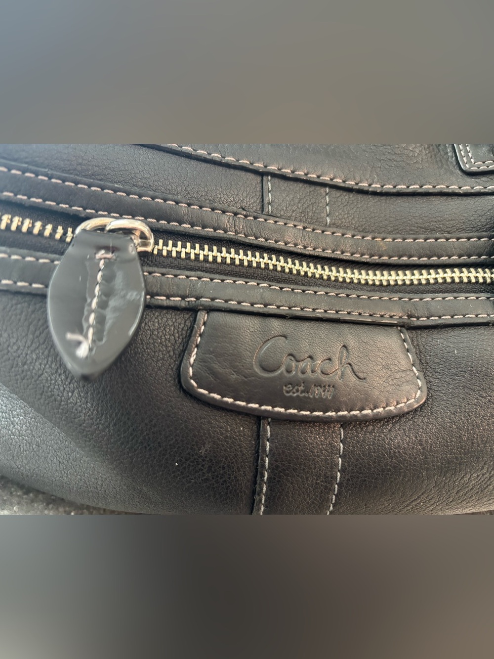 Coach Black Leather Messenger Hand Bag with Contrasting Stitching